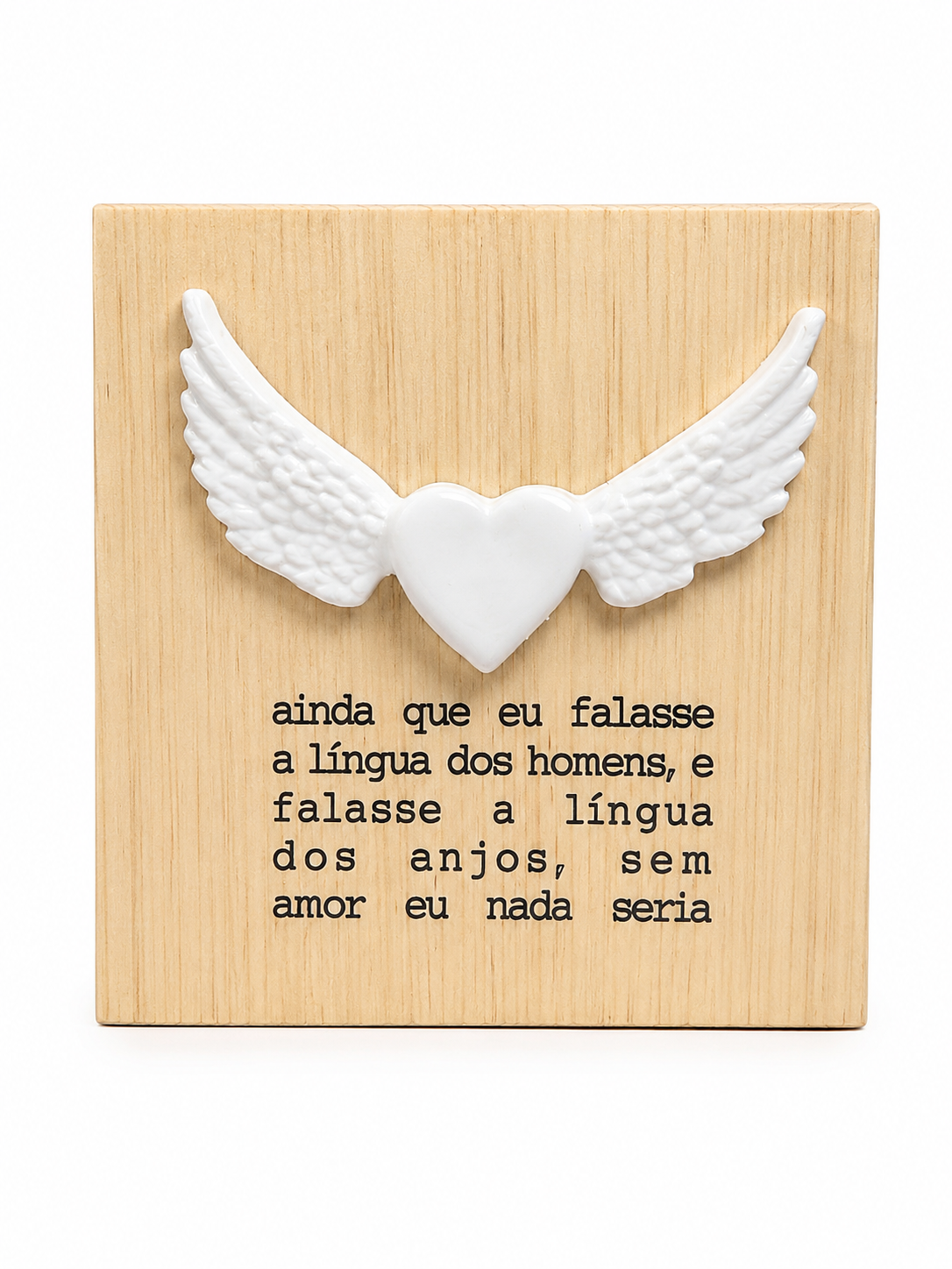 Quadro Decorativo em Madeira com Coração Alado e Mensagem Bíblica
