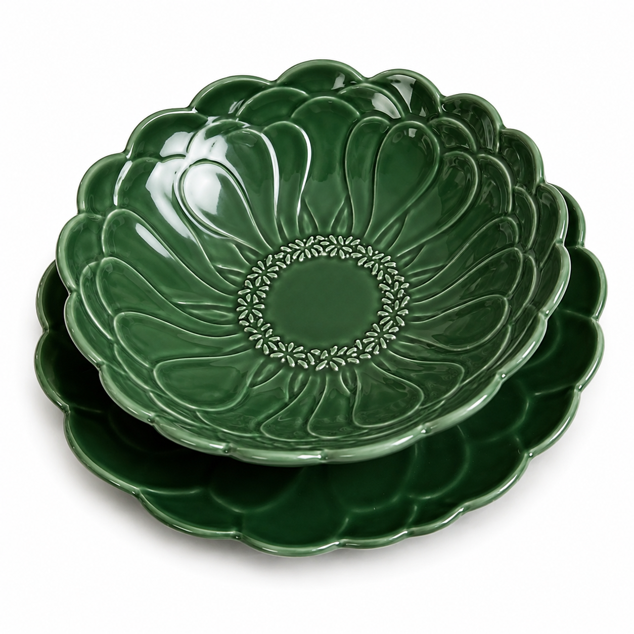 Saladeira Flower Verde em Cerâmica com Prato