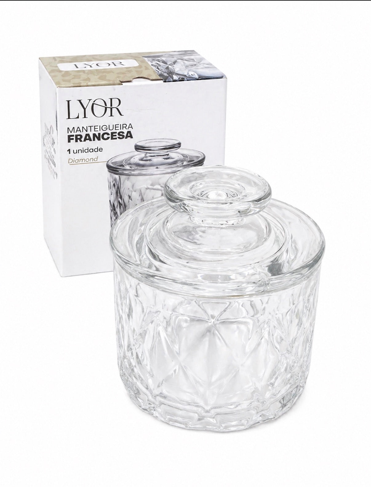Manteigueira de Vidro Francesa com Tampa Diamond – Elegante e Sofisticada