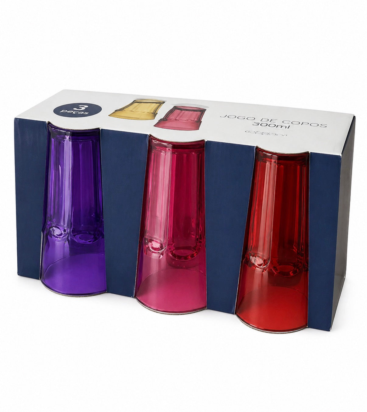 Jogo de Copos Coloridos 300ml – Kit com 3 Peças em Vidro