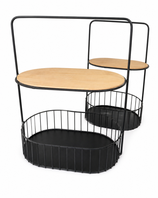 Fruteira Dupla com Suporte em Metal Preto e Madeira – Organizador de Bancada Moderno