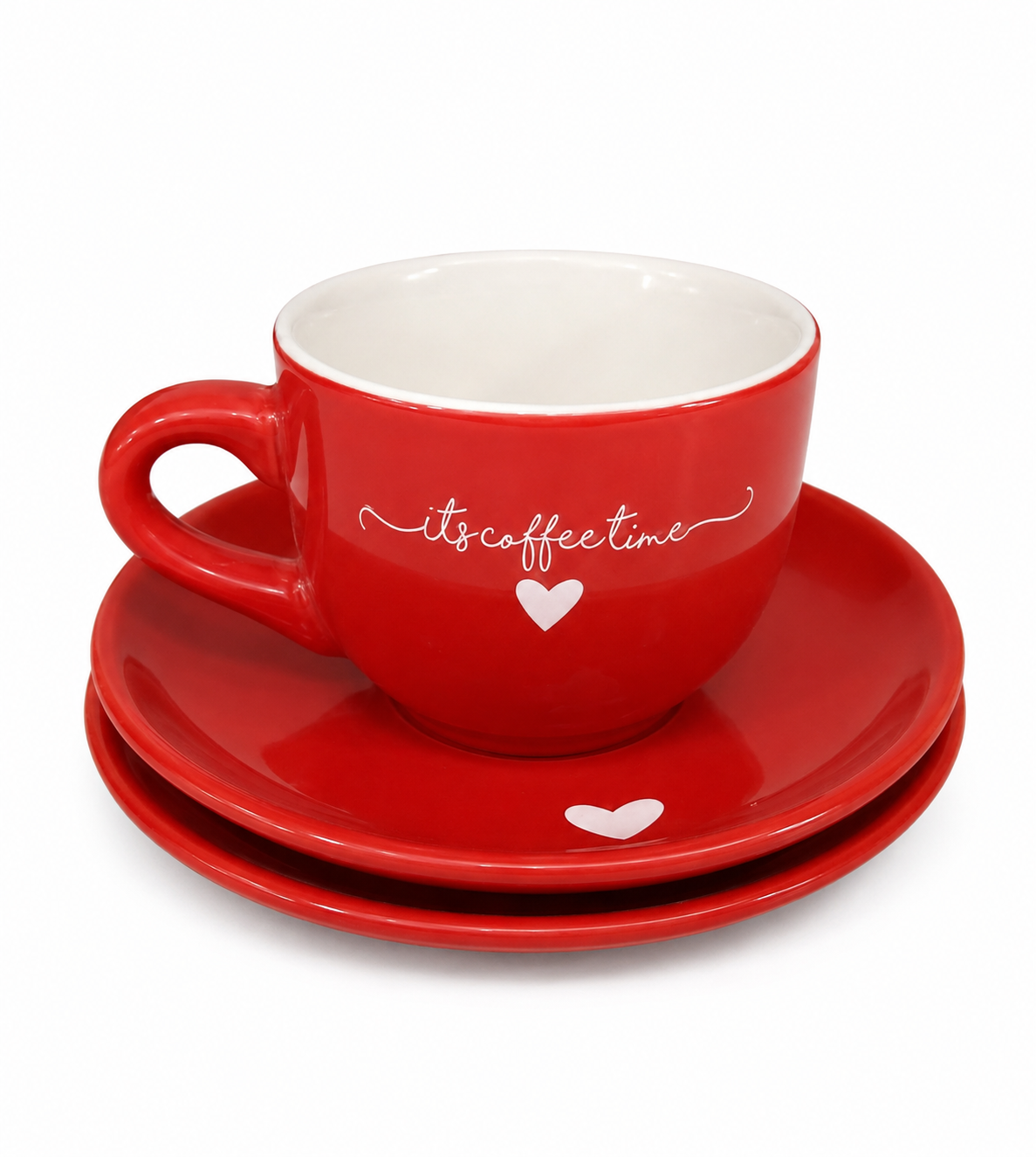 Jogo de Xícara Vermelha “It’s Coffee Time” com Pires – Elegância e Charme ☕❤️