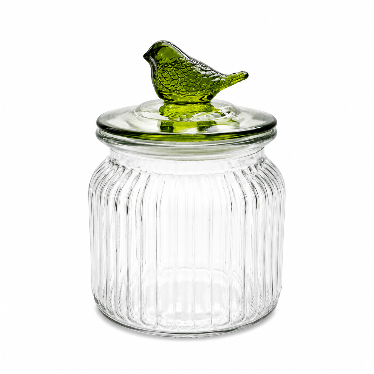 Pote de Vidro 500ml com Tampa Verde e Pássaro Decorativo