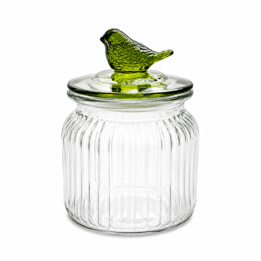Pote de Vidro 500ml com Tampa Verde e Pássaro Decorativo