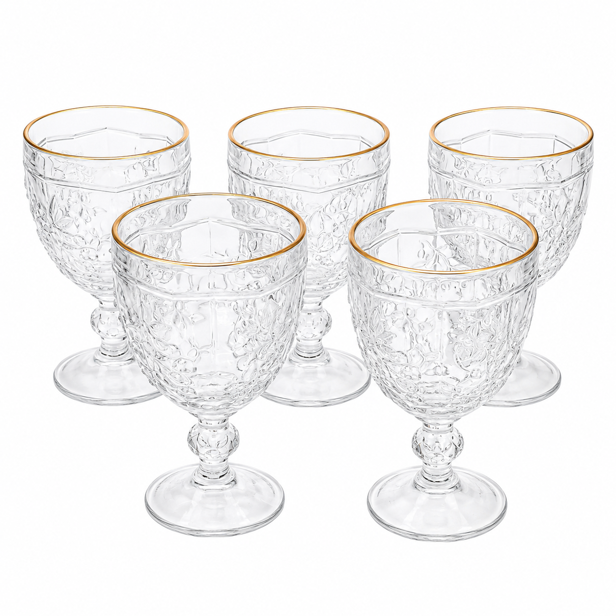 Unidade de Taça de Vidro com Relevo Floral e Borda Dourada