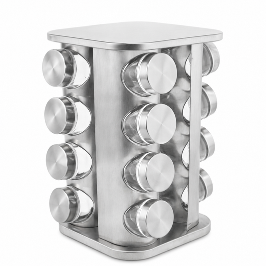 Porta Temperos Giratório Inox com 16 Peças