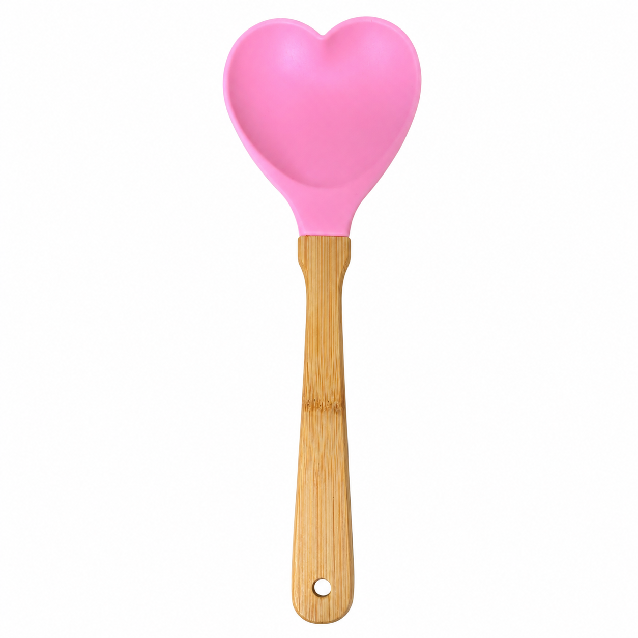 Colher de Silicone Coração com Cabo de Bambu Rosa e Verde
